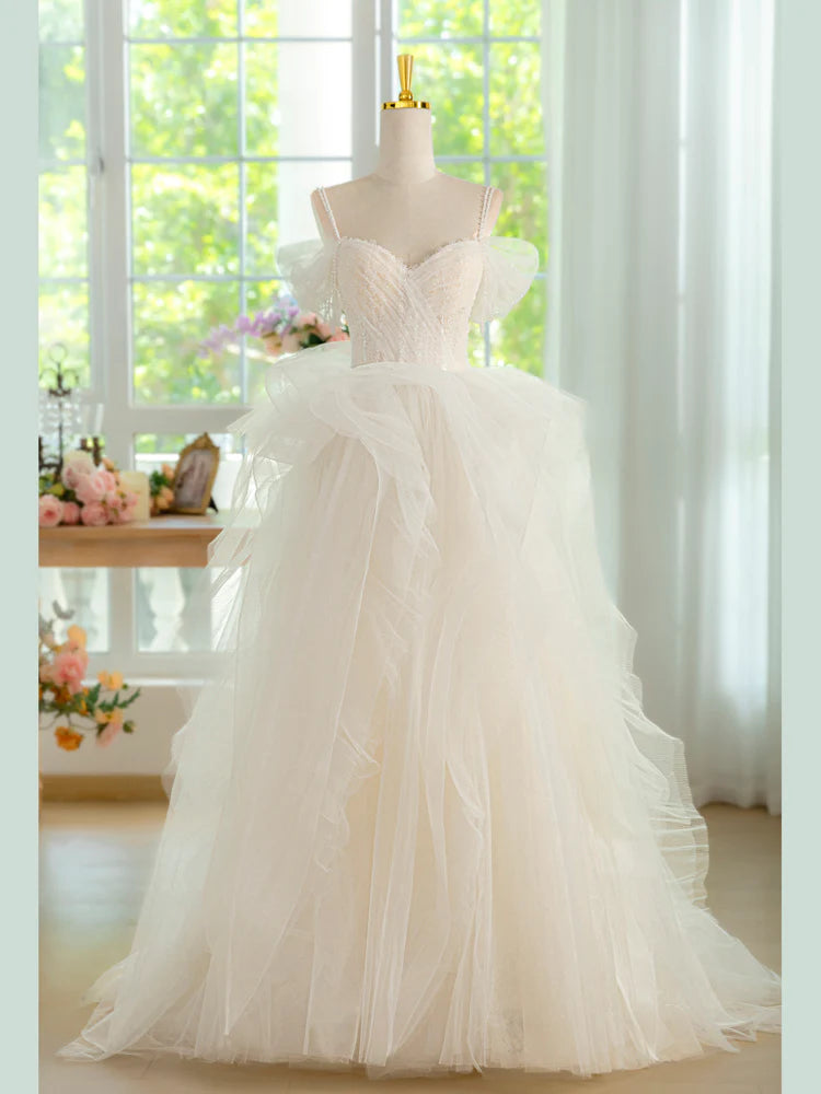 Buyishang Sweetheart Neck Tulle Beads Light Champagne Long Prom Dress Light Champagne Formal Dress