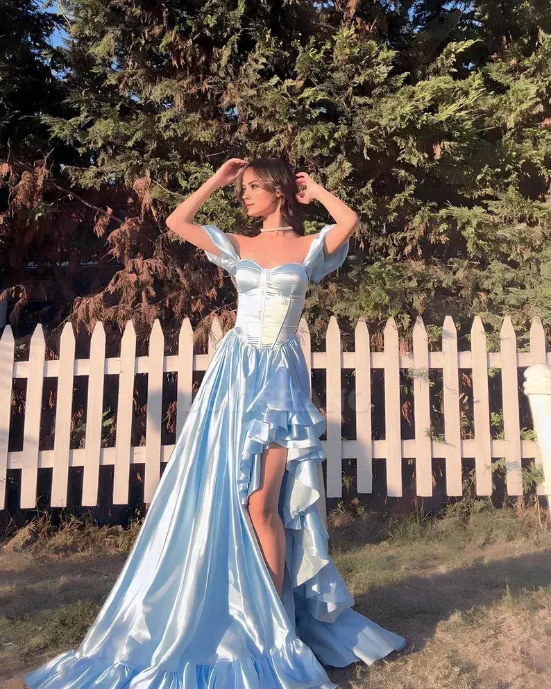 Buyishang Baby blue corset dress with ruffles on the sides/baby blue long princess dress/party wedding prom graduation halloween dress