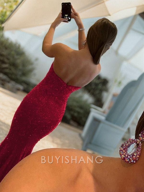 Buyishang Simple Sheath/Column Sweetheart Sweep Train Evening Dresses With Ruffles formal wear dresses
