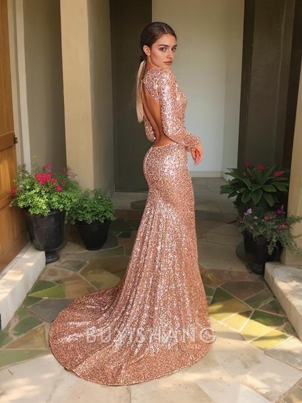 Buyishang Simple Trumpet/Mermaid V-neck Court Train Sequins Evening Dresses With Ruffles formal wear dresses