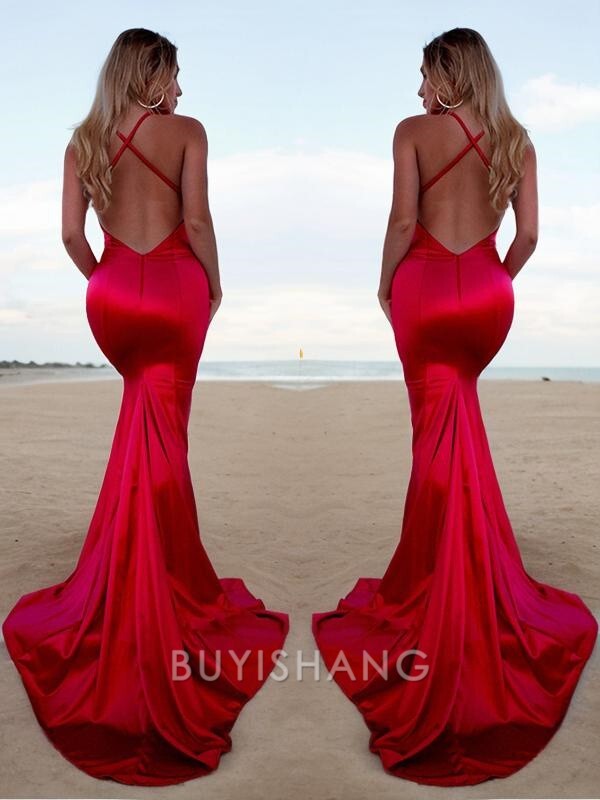 Buyishang Simple Trumpet/Mermaid Halter Sweep Train Silk like Satin Prom Dresses With Leg Slit formal wear dresses