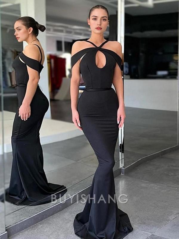 Buyishang Simple Trumpet/Mermaid Off-the-Shoulder Sweep Train Stretch Crepe Evening Dresses With Ruffles formal wear dresses