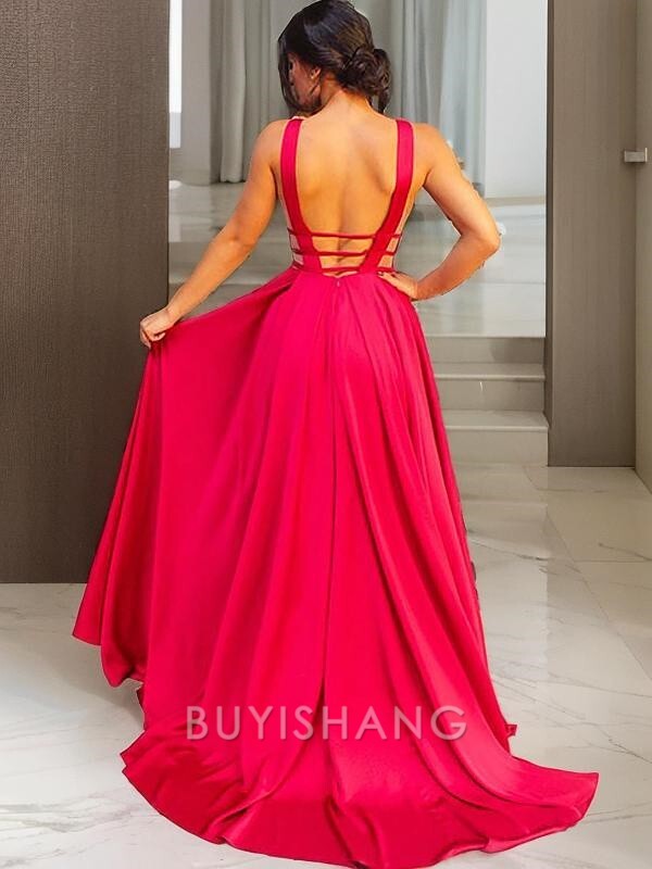 Buyishang Simple A-Line/Princess V-neck Sweep Train Silk Like Satin Evening Dresses With Ruffles formal wear dresses