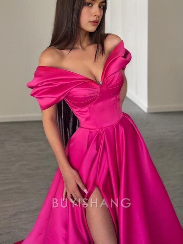 Buyishang Simple A-Line/Princess Off-the-Shoulder Sweep Train Satin Evening Dresses With Leg Slit formal wear dresses