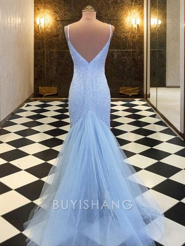 Buyishang Simple Sheath/Column Spaghetti Straps Sweep Train Tulle Evening Dresses With Sequin formal wear dresses