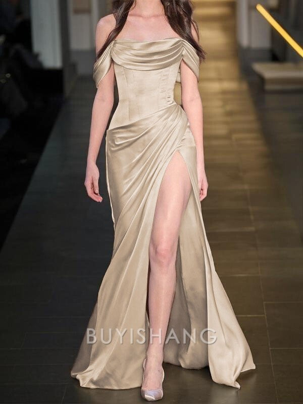 Buyishang Simple Sheath/Column Off-the-Shoulder Sweep Train Silk like Satin Prom Dresses With Leg Slit formal wear dresses