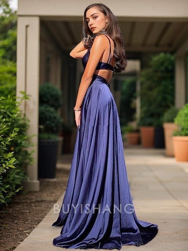 Buyishang Simple A-Line/Princess V-neck Sweep Train Silk like Satin Evening Dresses With Leg Slit formal wear dresses