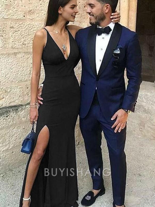 Buyishang Simple Sheath/Column Straps Floor-Length Stretch Crepe Prom Dresses With Leg Slit formal wear dresses