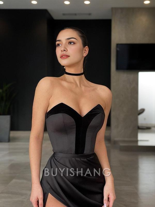 Buyishang Simple Sheath/Column Sweetheart Sweep Train Charmeuse Evening Dresses With Leg Slit formal wear dresses