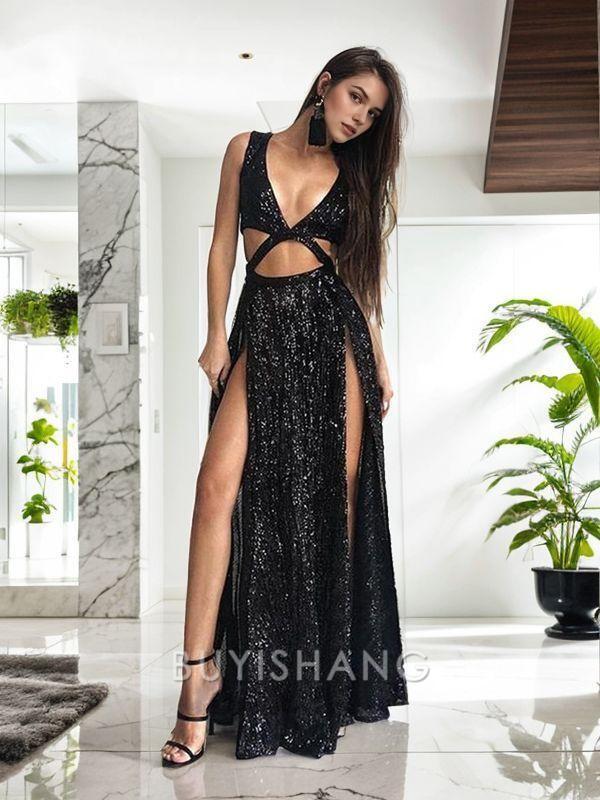 Buyishang Simple A-Line/Princess V-neck Floor-Length Sequins Prom Dresses With Leg Slit formal wear dresses