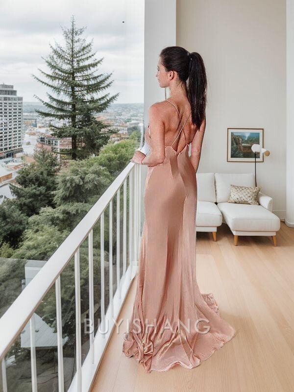 Buyishang Simple Sheath/Column Spaghetti Straps Floor-Length Silk like Satin Evening Dresses With Leg Slit formal wear dresses