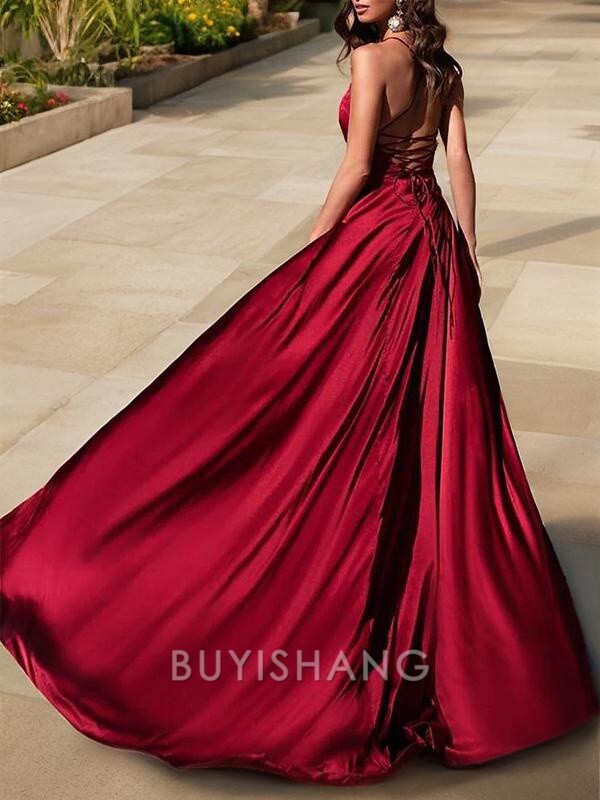 Buyishang Simple A-Line/Princess V-neck Sweep Train Silk Like Satin Evening Dresses With Leg Slit formal wear dresses