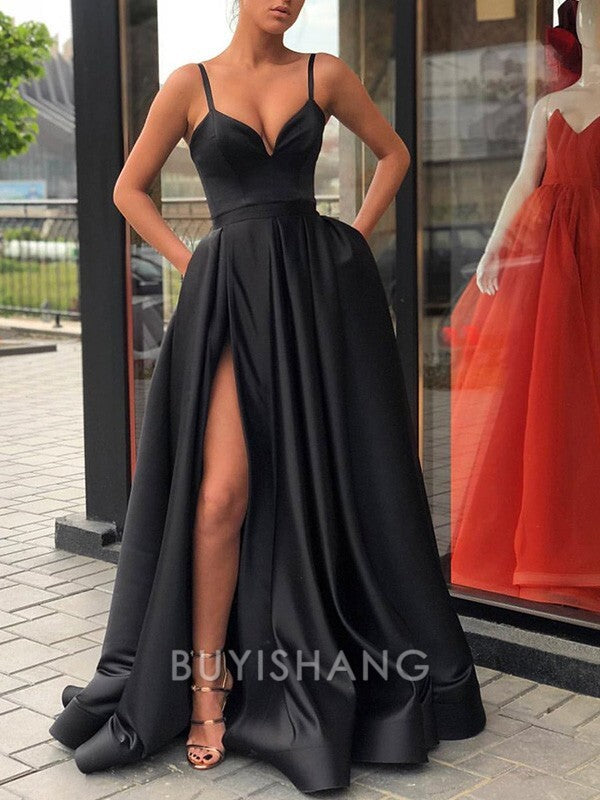 Buyishang Simple A-Line/Princess Straps Sweep Train Satin Prom Dresses With Leg Slit formal wear dresses