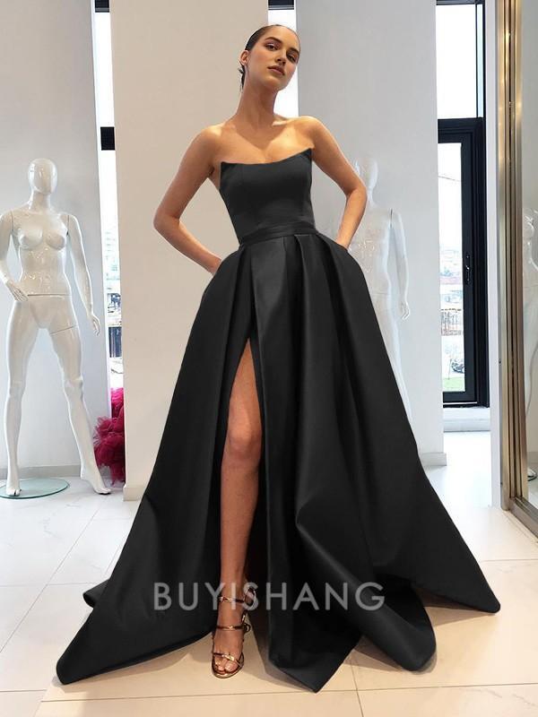 Buyishang Simple Ball Gown Strapless Sweep Train Satin Prom Dresses With Leg Slit formal wear dresses