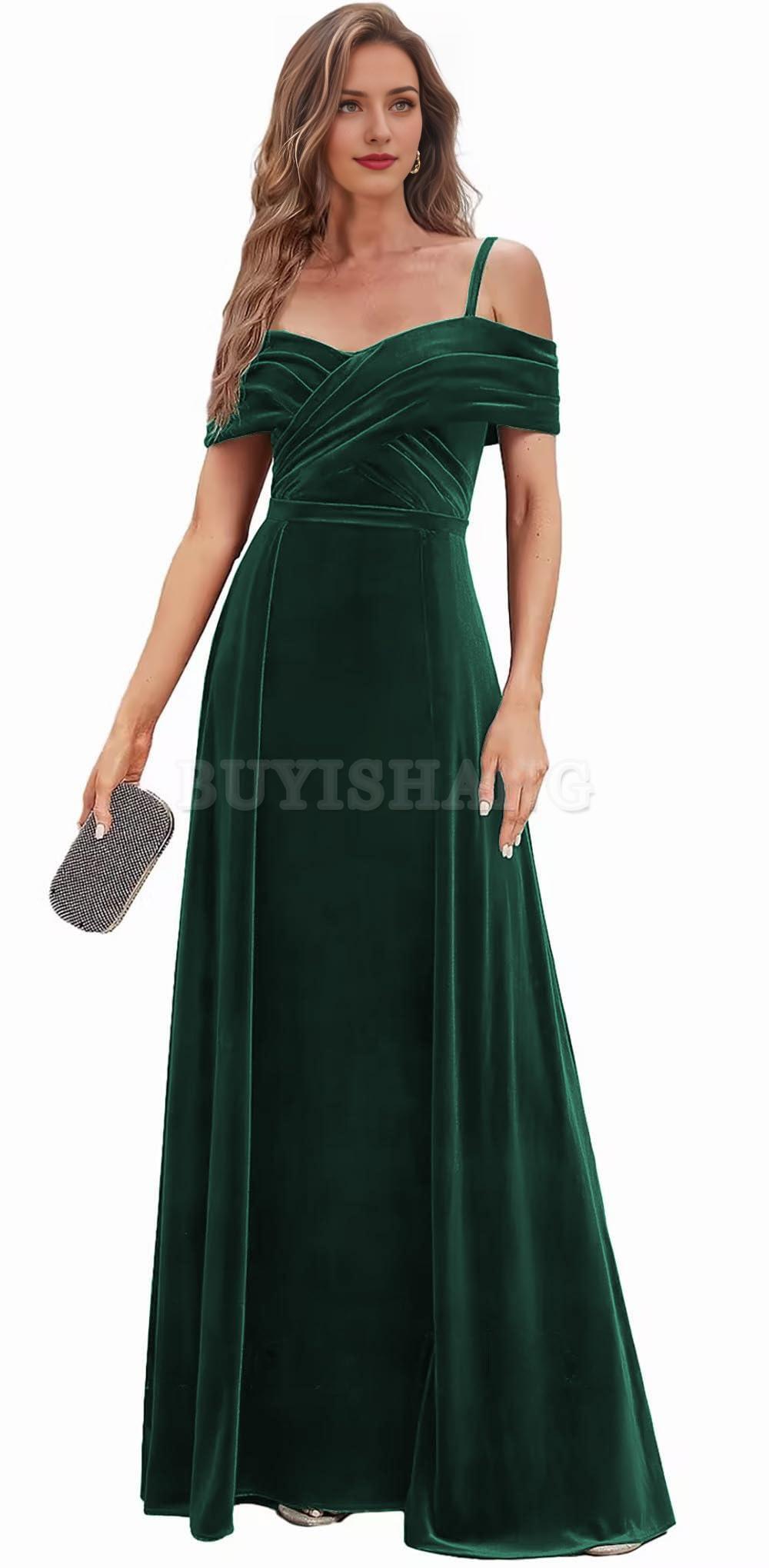 Buyishang Cold Shoulder Prom Dresses for Women Long Bridesmaid Dress with Sleeves Velvet Ruched Formal Evening Gown prom dress shop