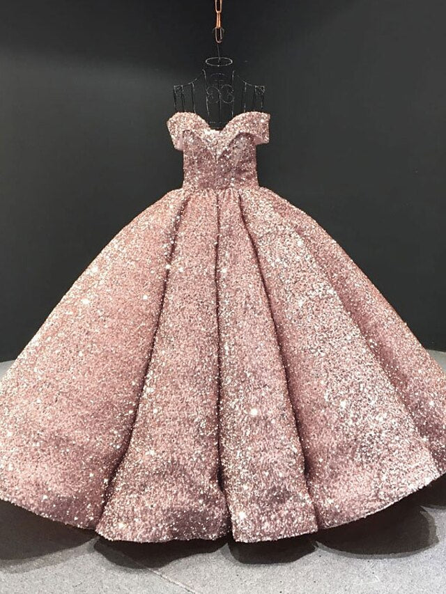 Ball Gown Party Dress Luxurious Sparkle Quinceanera Formal Evening Birthday Dress Off Shoulder Sleeveless Floor Length Sequined with Pleats Sequin