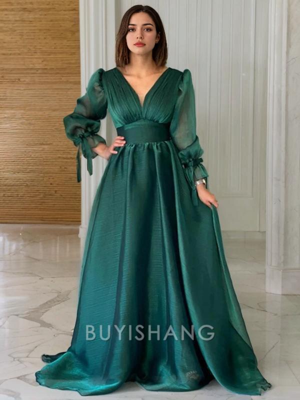 Buyishang Simple A-Line/Princess V-neck Sweep Train Organza Evening Dresses With Ruffles formal wear dresses