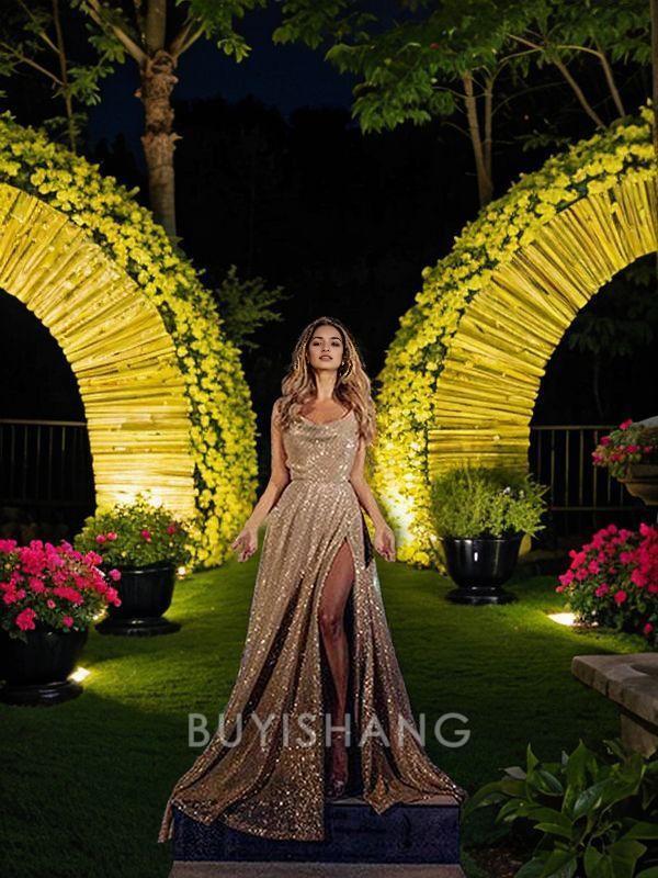 Buyishang Simple A-Line/Princess V-neck Sweep Train Sequins Evening Dresses With Leg Slit formal wear dresses