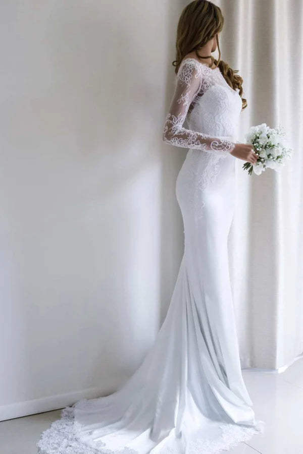 Buyishang Bateau Lace Long Sleeve Sheath Chiffon Wedding Dress With Sweep Train