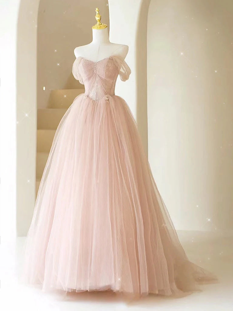 Buyishang A-Line Sweetheart Neck Tulle Lace Long Pink Prom Dress Pink Party Dress with Beads