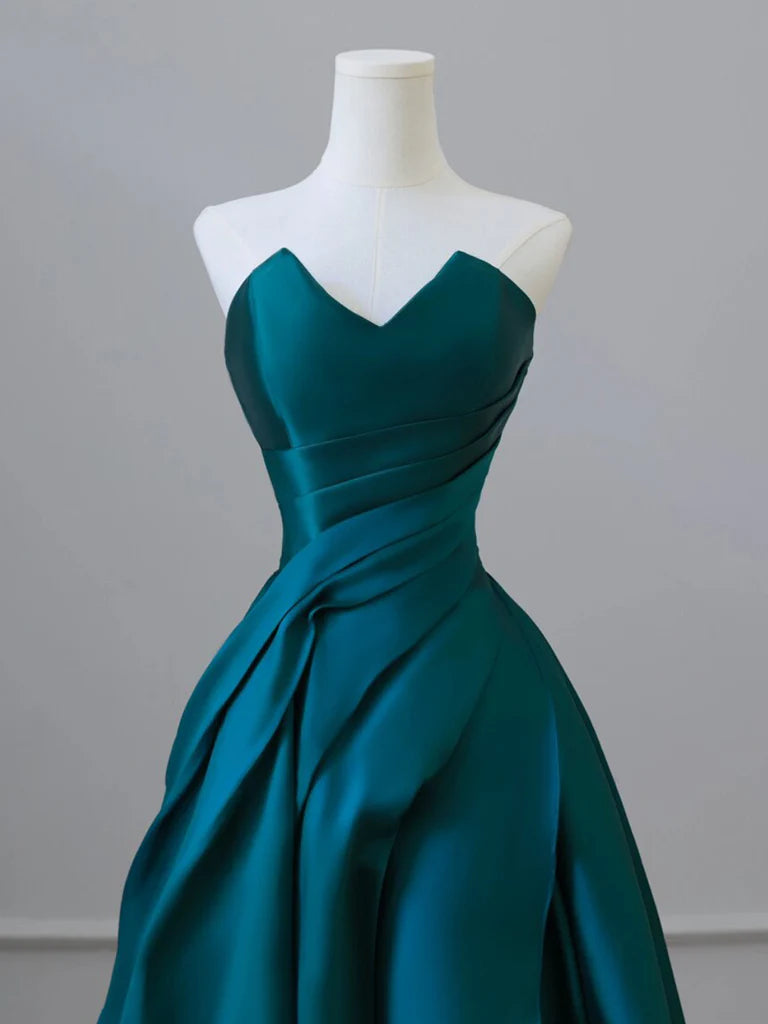 Buyishang A-Line Strapless Satin Peacock Blue Long Prom Dress Simple Peacock Blue Evening Dress