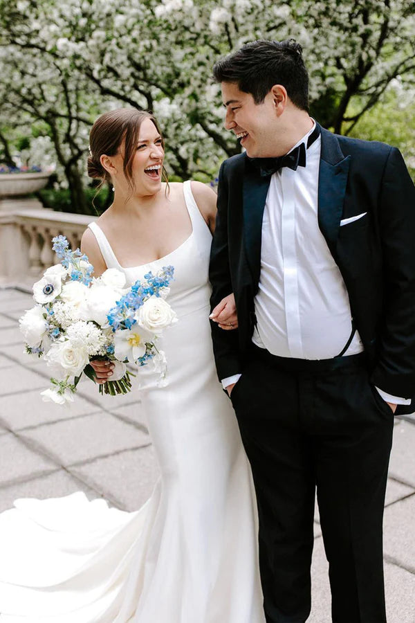 Buyishang Mermaid Square Neck White Satin Wedding Dresses