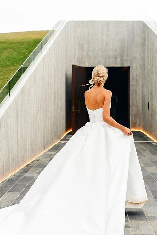 Buyishang A-Line V Neck Satin Wedding Dresses with Detachable Straps