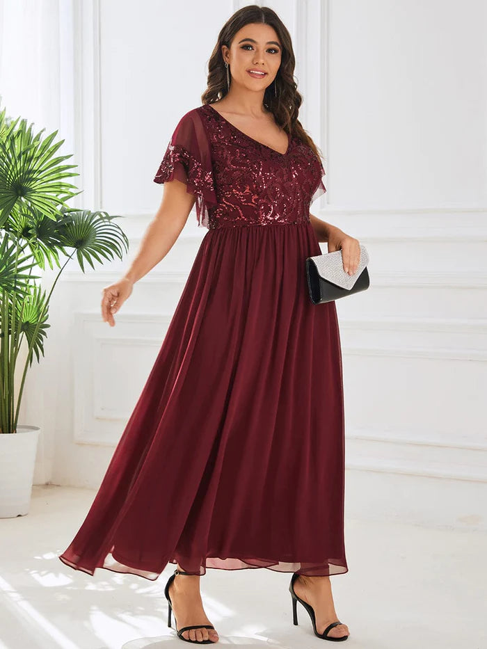 Plus Size V-Neck Short Sleeve Sequin Bodice Mother of the Bride Dress/Prom Dresses