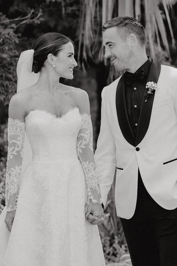 Buyishang Vintage A-Line Sweetheart White Lace Wedding Dresses with Slit