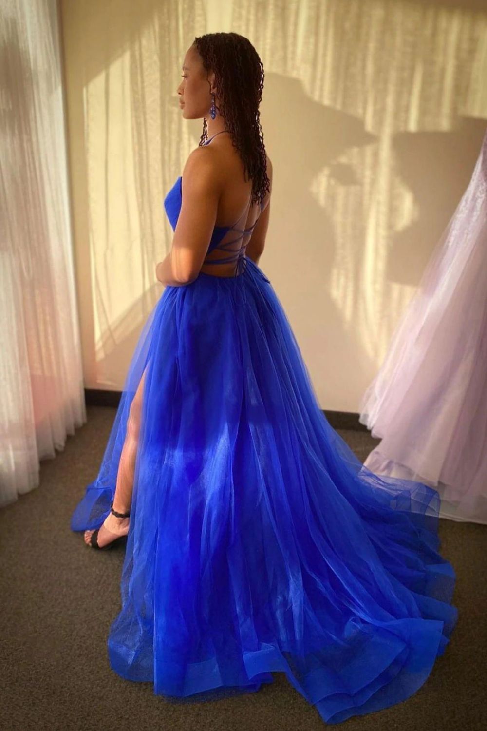 Stylish A Line Spaghetti Straps Royal Blue Long Prom Dress