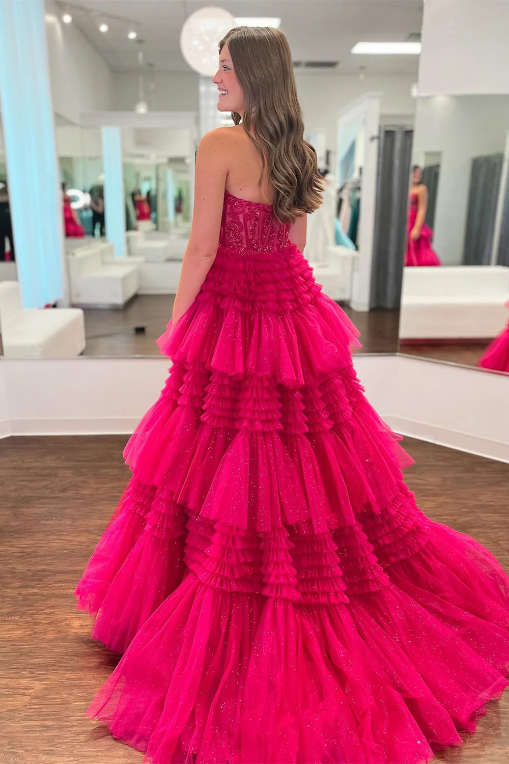 Princess A Line Sweetheart Fuchsia Corset Prom Dress with Appliques Ruffles