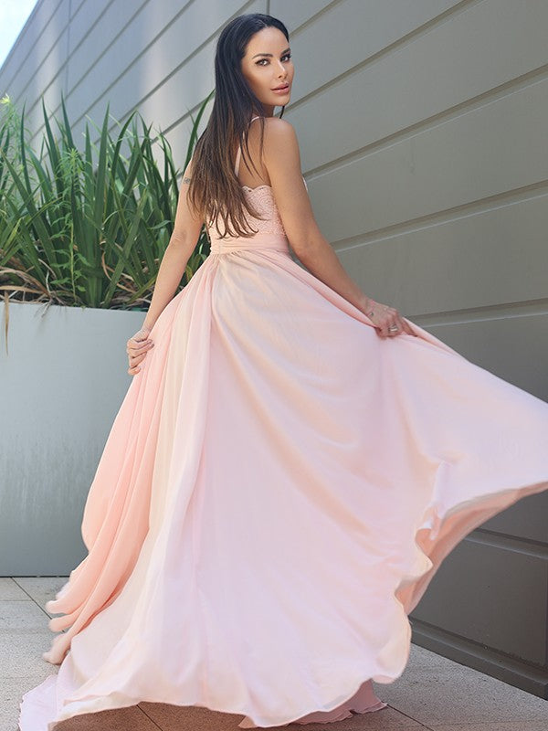 A-Line/Princess Chiffon Lace Spaghetti Straps Sleeveless Sweep/Brush Train Bridesmaid Dresses