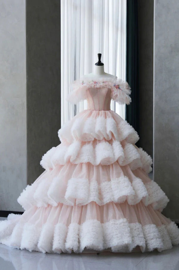 Ball Gown Off Shoulder Pink Tulle Long Prom Dress Sweet 16 Dress