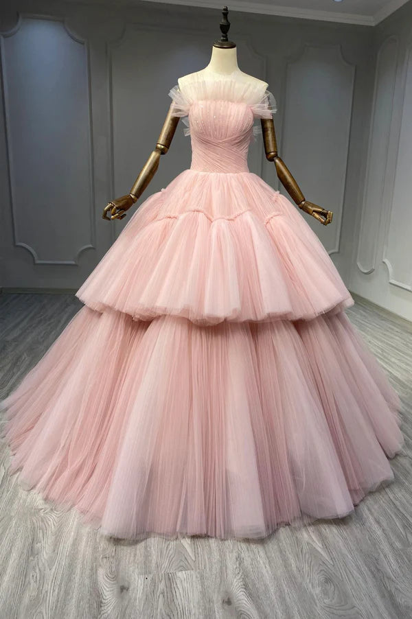 Ball Gown Pink Tulle Strapless Long Prom Evening Dress Pink Sweet 16 Dress