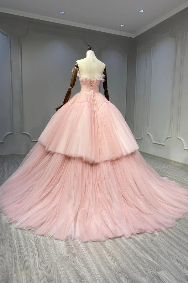 Ball Gown Pink Tulle Strapless Long Prom Evening Dress Pink Sweet 16 Dress