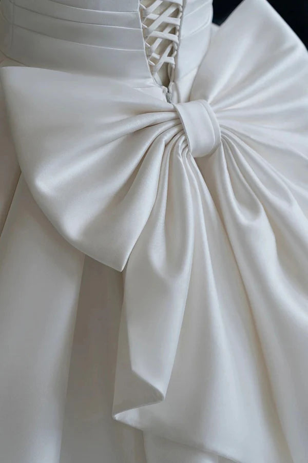 A-Line V-Neck Satin Wedding Dress White Short Sleeve Bridal Gown with Bow
