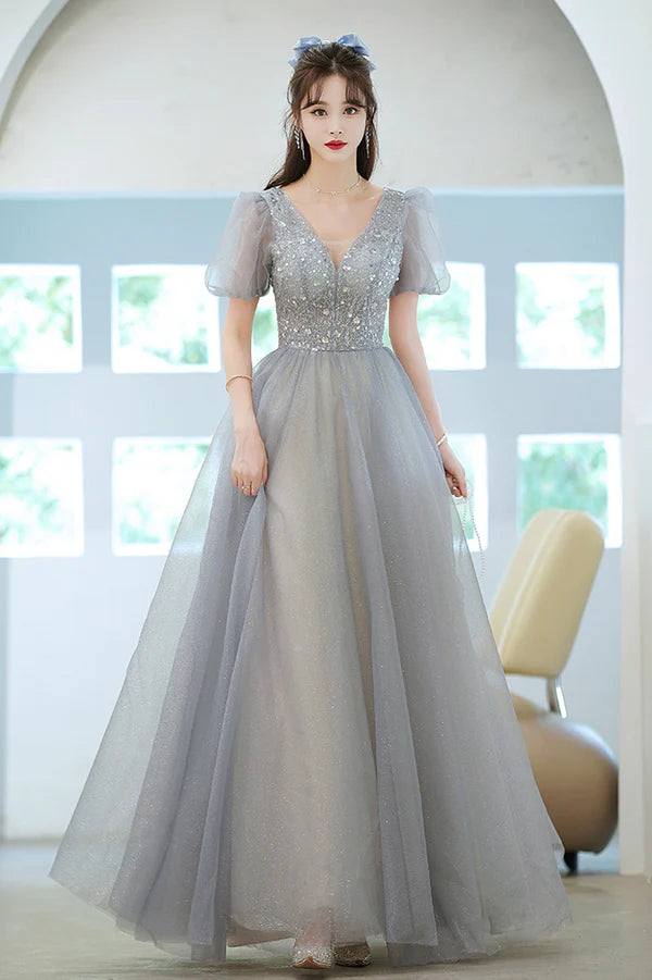 Cute Tulle Floor Length Prom Dress with Beaded A-Line V-Neck Evening Dress