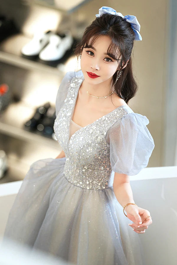 Cute Tulle Floor Length Prom Dress with Beaded A-Line V-Neck Evening Dress