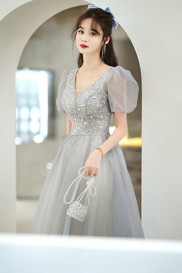 Cute Tulle Floor Length Prom Dress with Beaded A-Line V-Neck Evening Dress