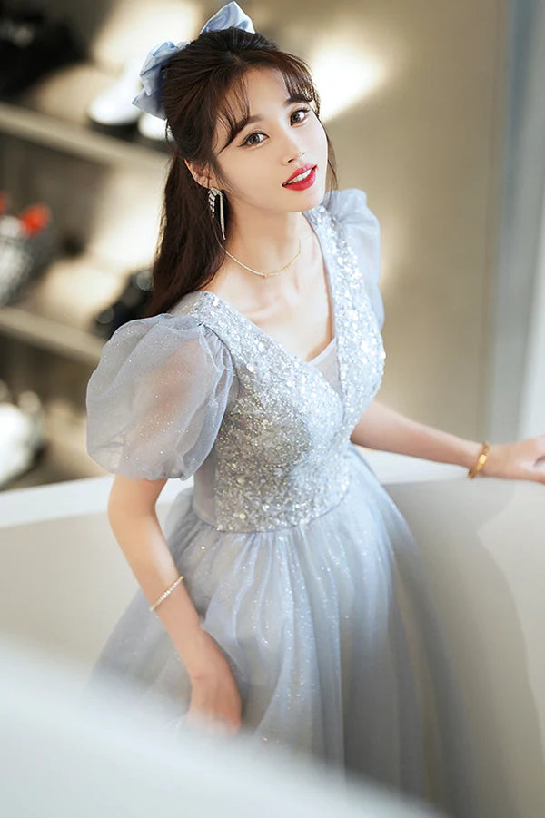 Cute Tulle Floor Length Prom Dress with Beaded A-Line V-Neck Evening Dress