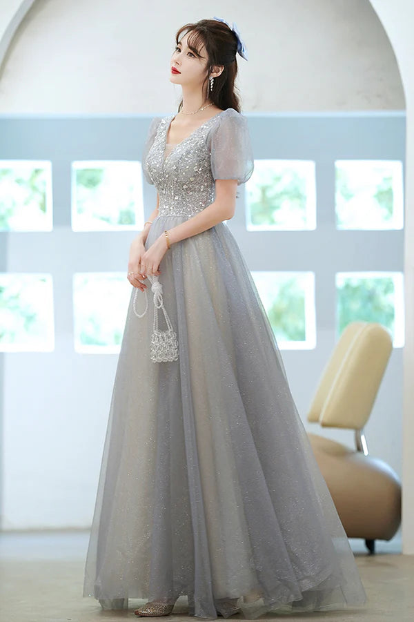 Cute Tulle Floor Length Prom Dress with Beaded A-Line V-Neck Evening Dress