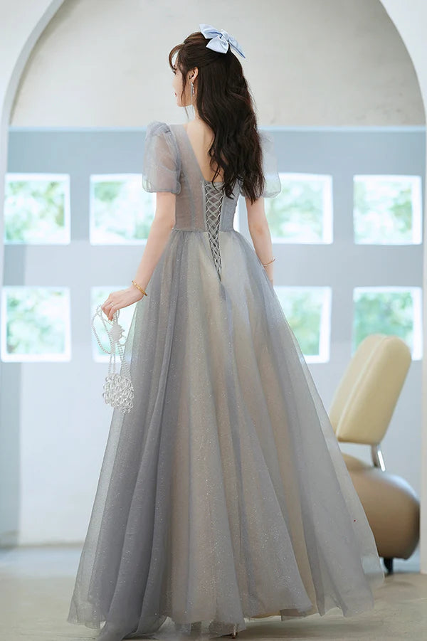 Cute Tulle Floor Length Prom Dress with Beaded A-Line V-Neck Evening Dress