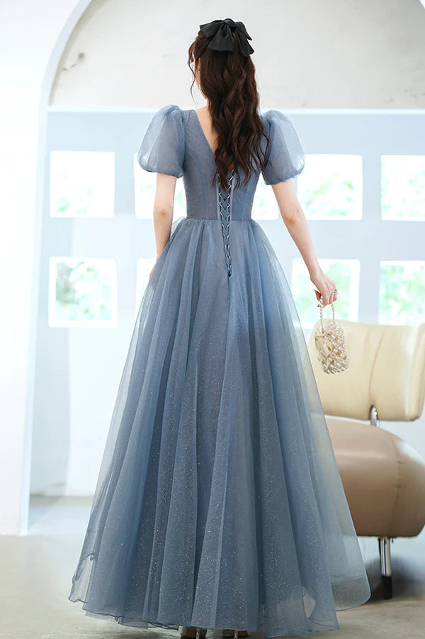 Cute Tulle Floor Length Prom Dress with Beaded A-Line V-Neck Evening Dress