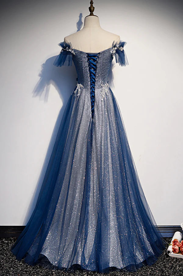 Blue Tulle Long A-Line Prom Dress Off the Shoulder Evening Party Dress