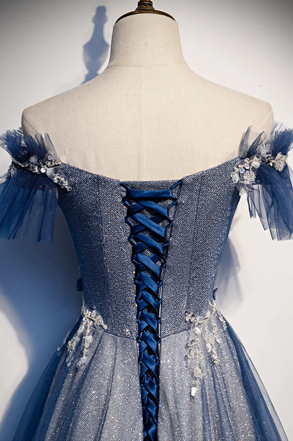 Blue Tulle Long A-Line Prom Dress Off the Shoulder Evening Party Dress