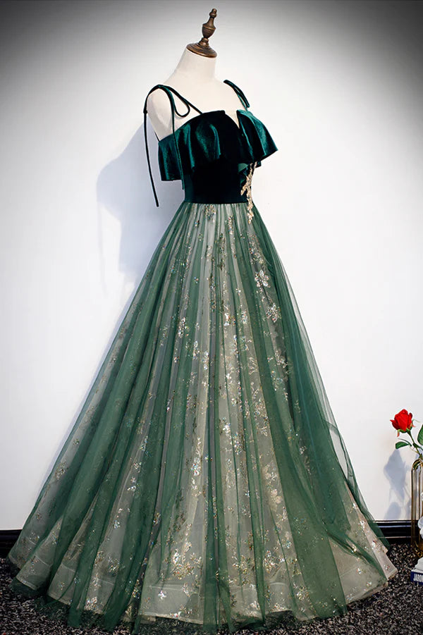 Green Tulle Long A-Line Prom Dress Green Spaghetti Straps Graduation Dress