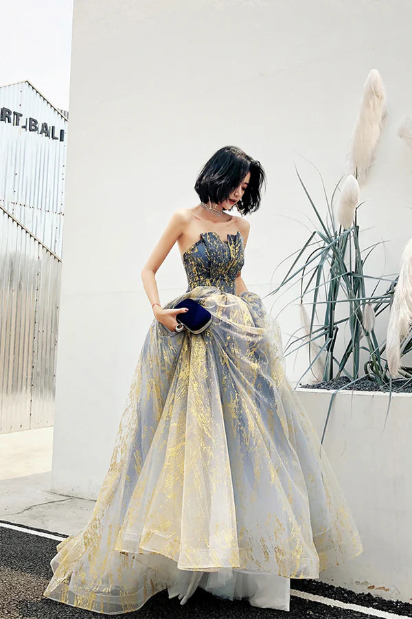 Stylish Tulle Sequins Long Prom Dress A-Line Strapless Evening Party Dress