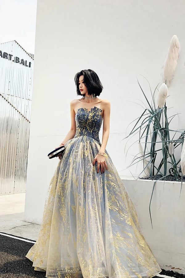 Stylish Tulle Sequins Long Prom Dress A-Line Strapless Evening Party Dress