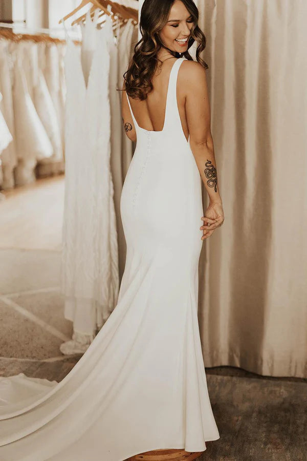 Buyishang Long Square Neck Mermaid White Wedding Dress