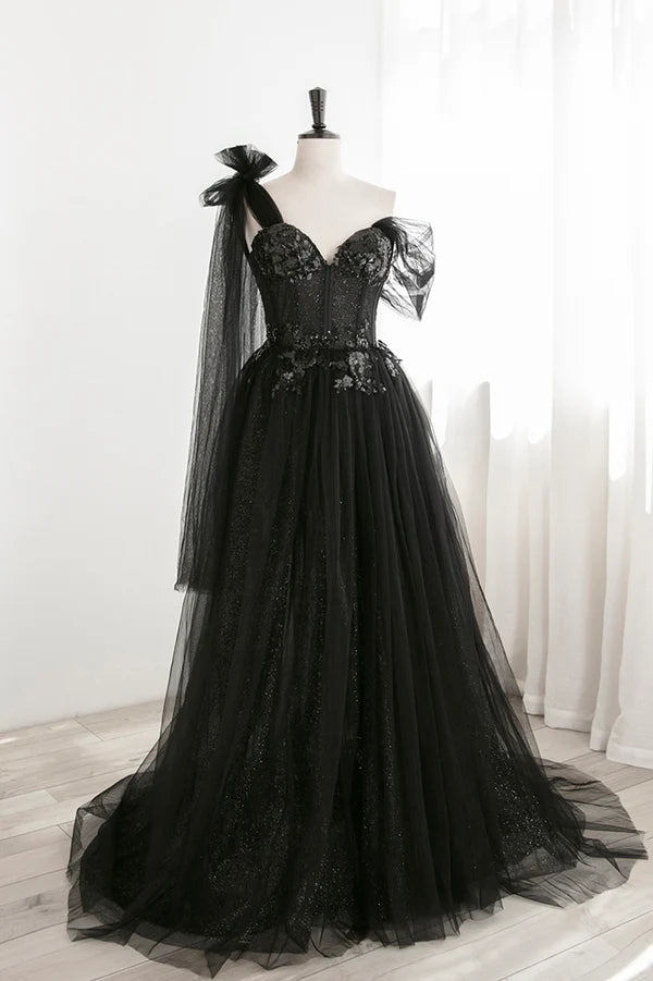 Black Tulle Sequins Long Prom Dress Black One Shoulder Evening Dress